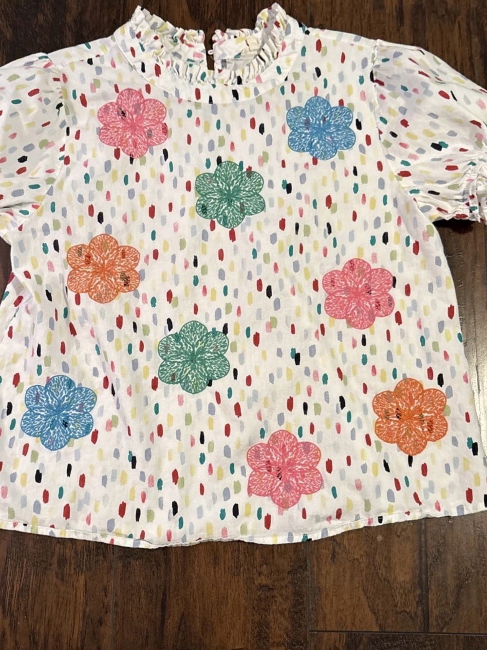 Jodifl White Floral Patch Dot Print Ruffle Neck Blouse
